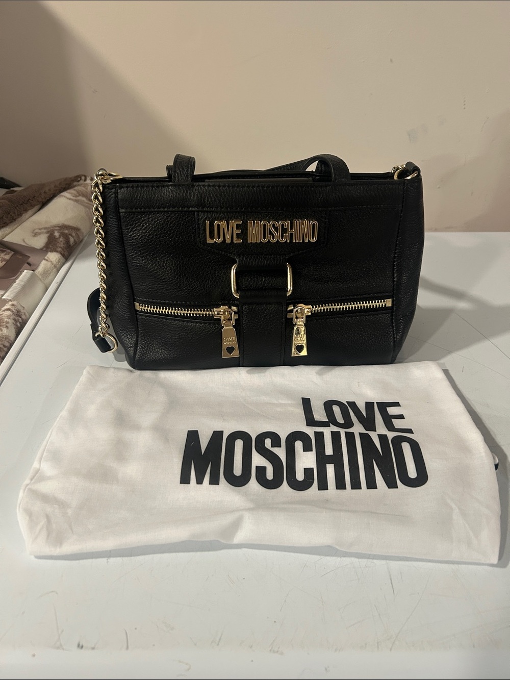Love Moschino Black Pebbled Leather Crossbody with Gold Logos